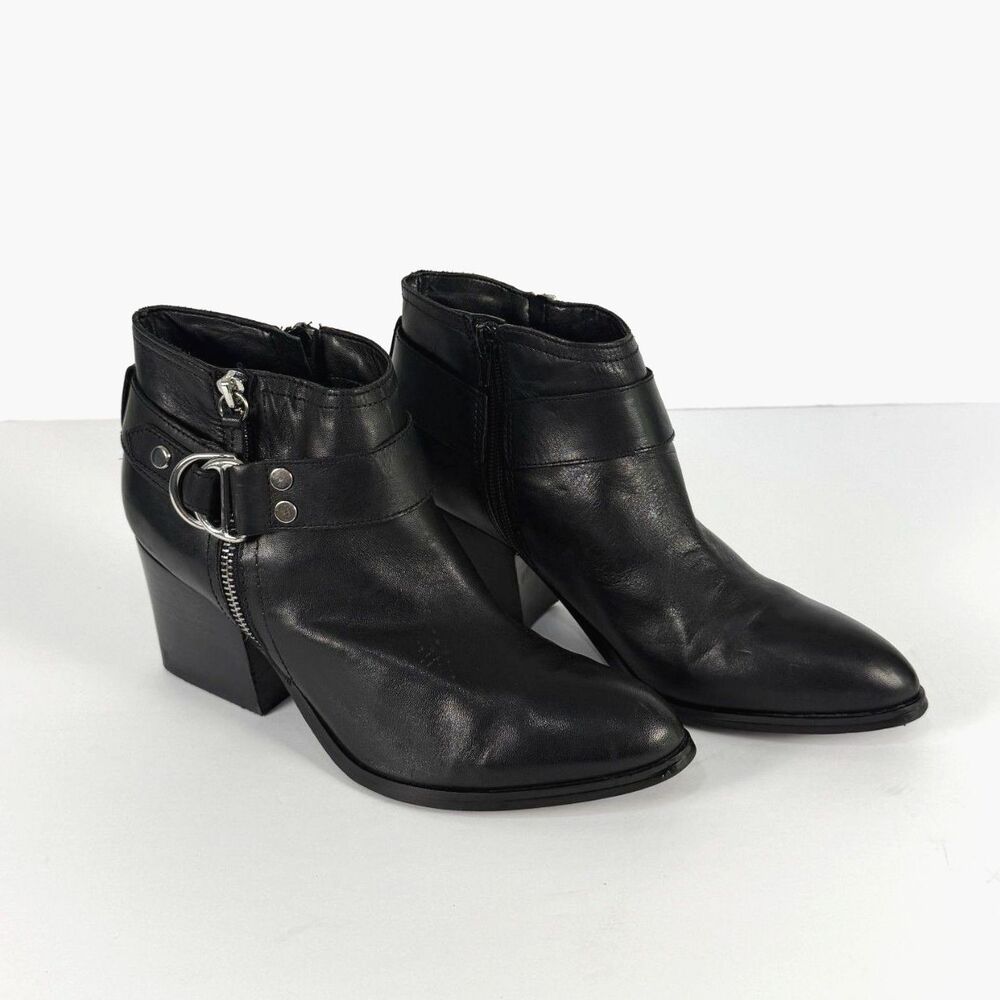 Marc Fisher Vanqar Black Leather Ankle Boots Buckle Zip Block Heel 9